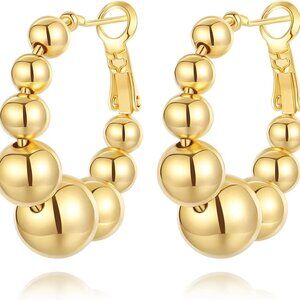 Gold Beaded Hoop Earrings Womens Chunky Silver Ball Jewelry Gift